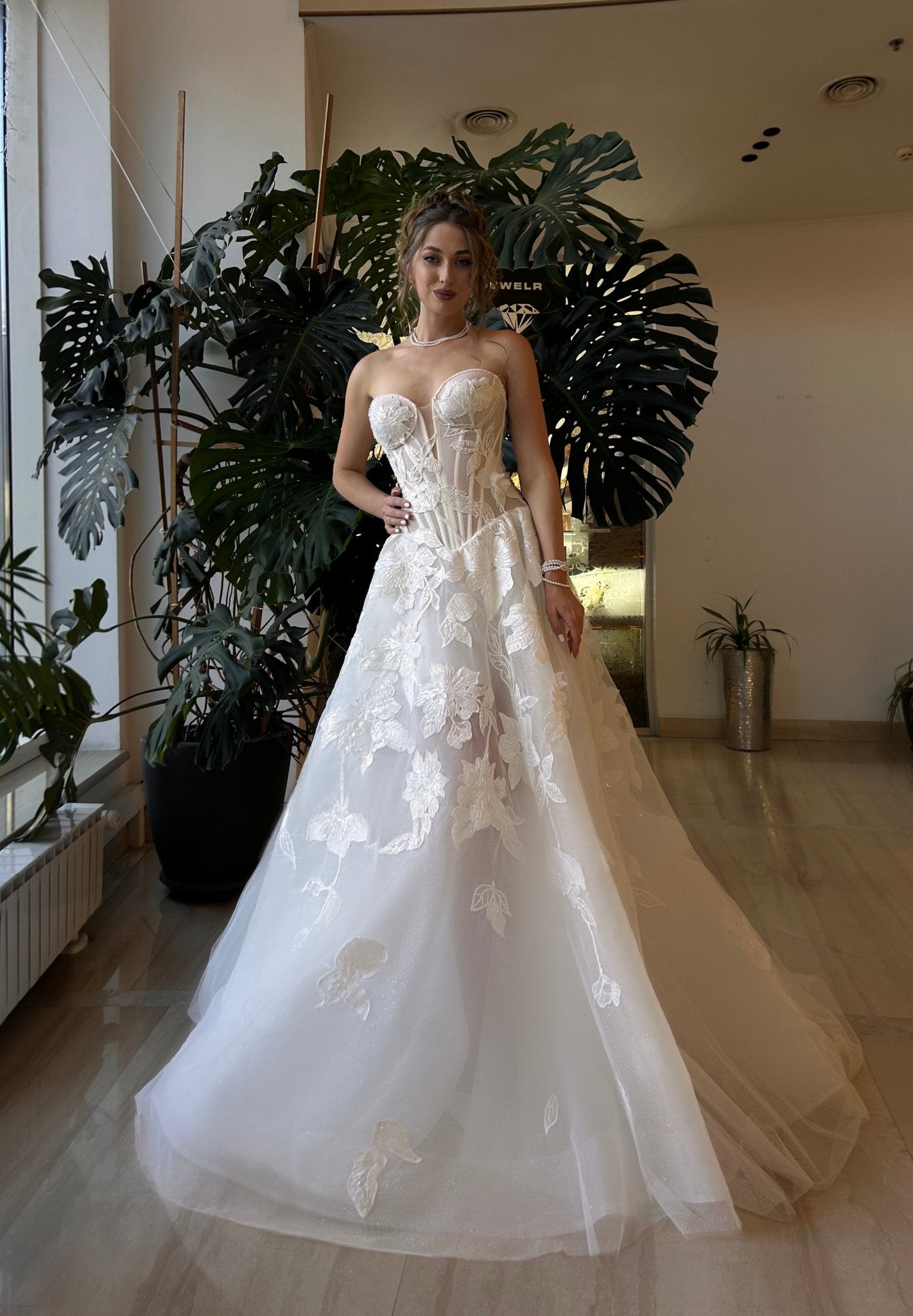  IRIS A - line gown with floral appliques - Reflections Bridal Studio