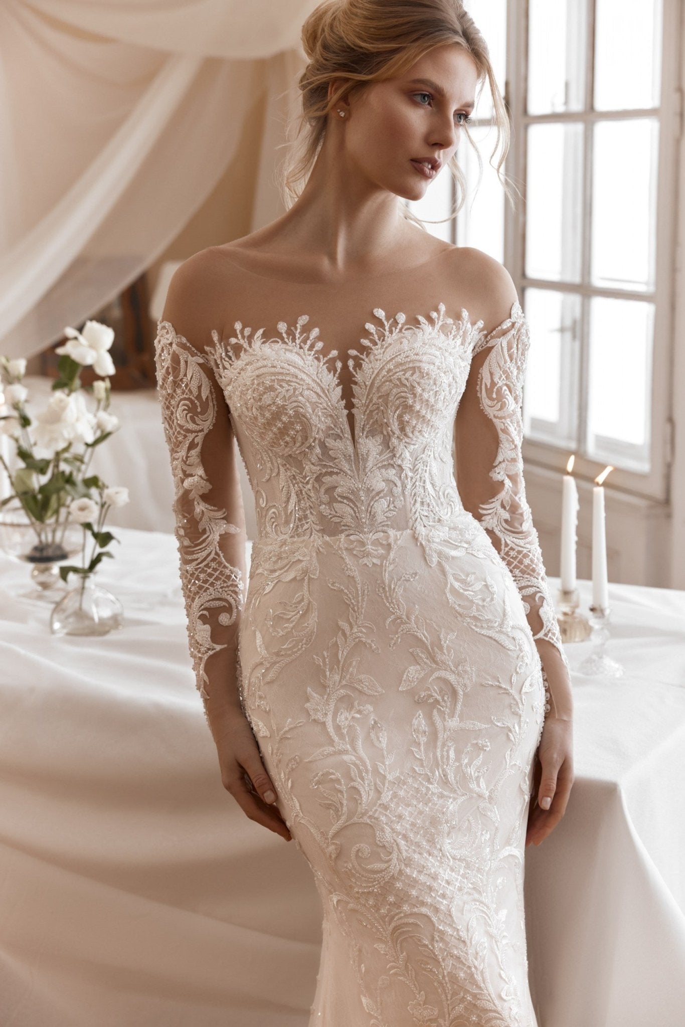 IRIS - Long illusion sleeves. Fit and Flare skirt - Reflections Bridal Studio