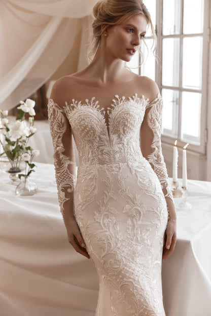 IRIS - Long illusion sleeves. Fit and Flare skirt - Reflections Bridal Studio