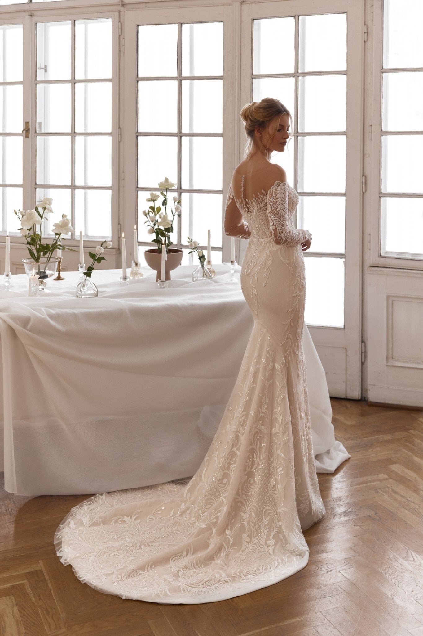 IRIS - Long illusion sleeves. Fit and Flare skirt - Reflections Bridal Studio