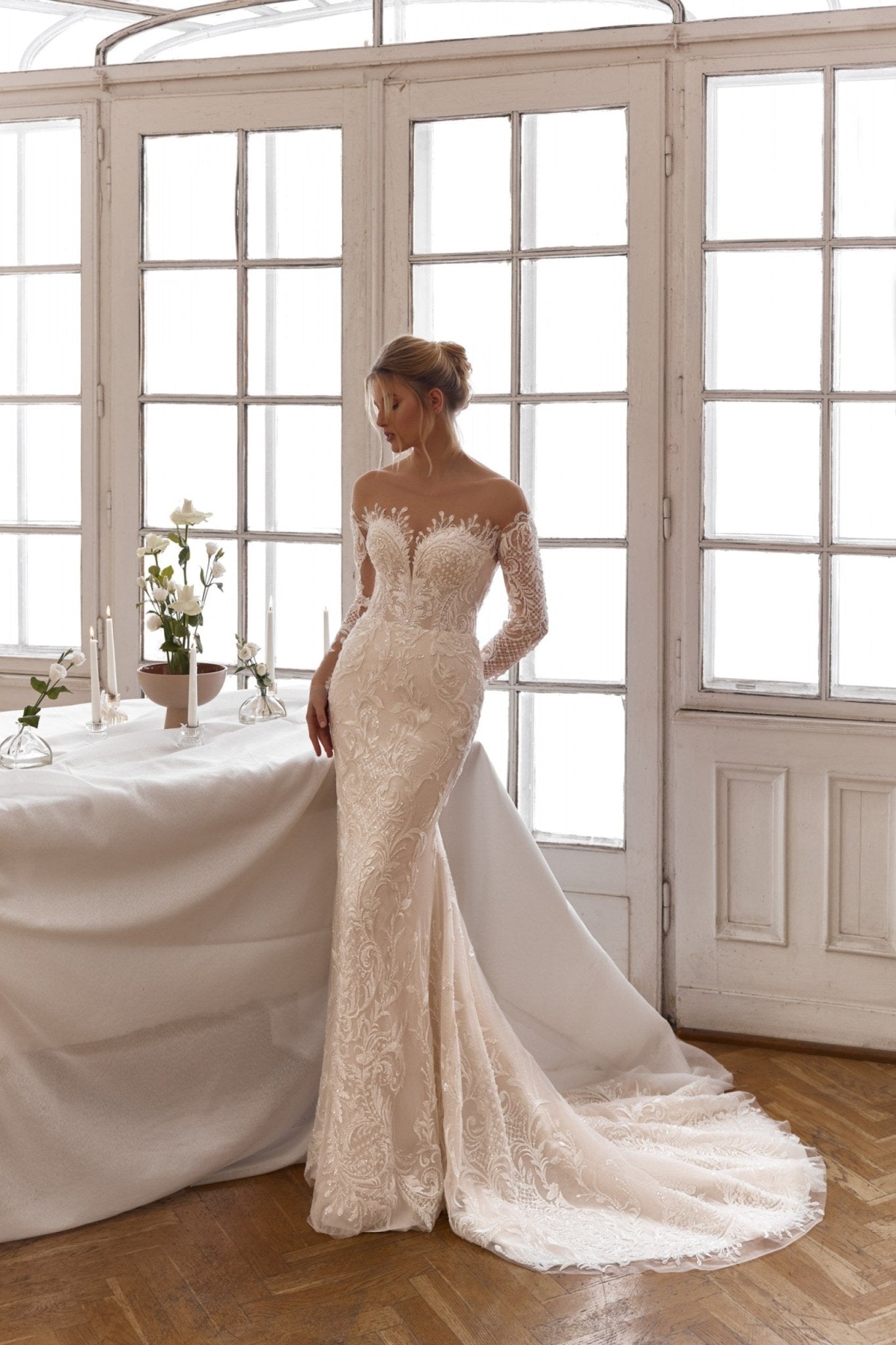 IRIS - Long illusion sleeves. Fit and Flare skirt - Reflections Bridal Studio