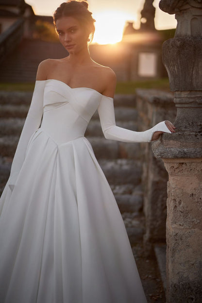 IVORA Satin gown with pleated skirt - Reflections Bridal Studio