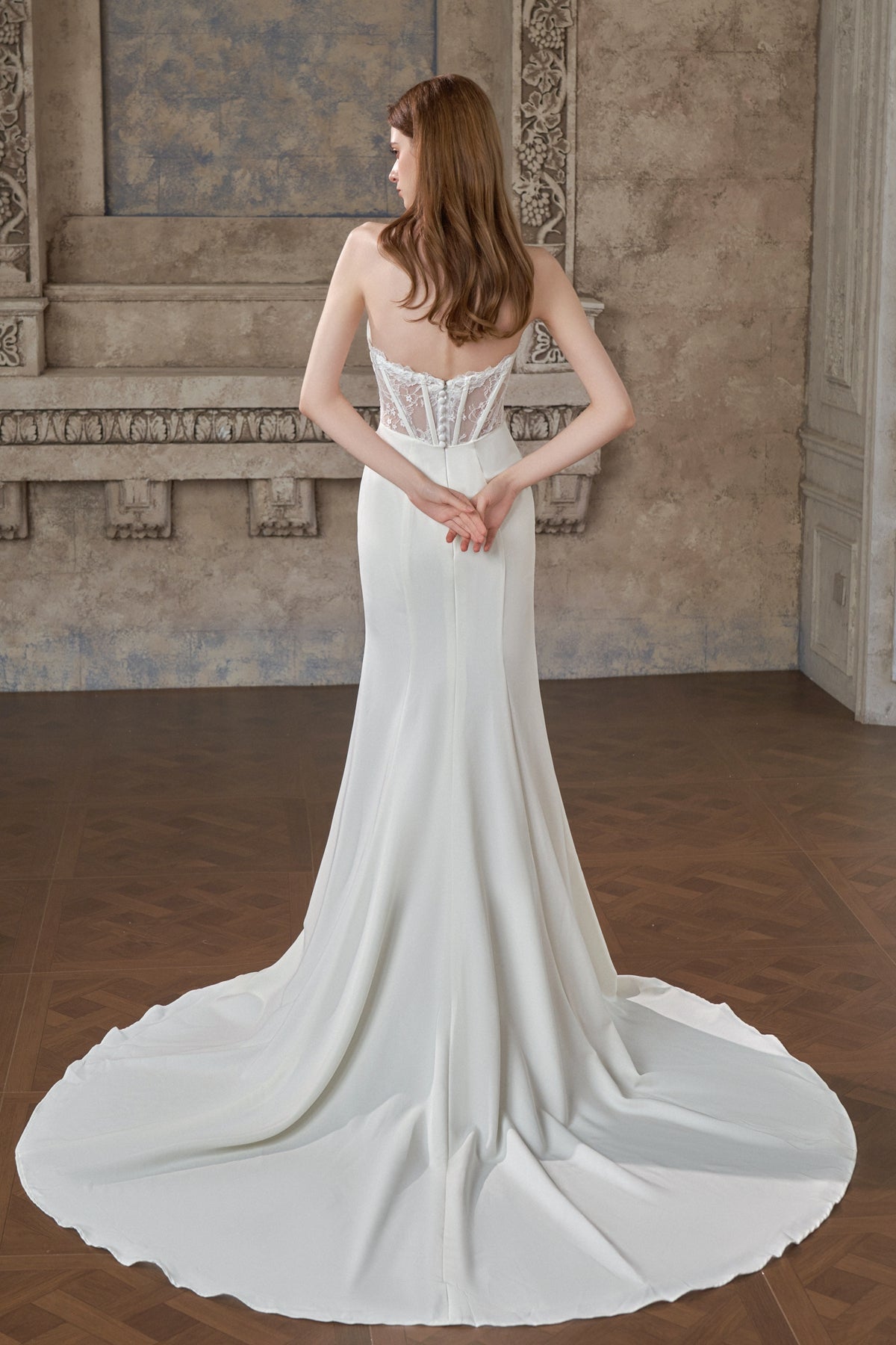 #JESSIE Crepe and lace fitted gown - Reflections Bridal Studio