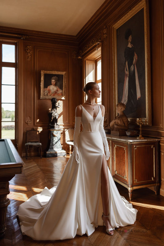 JORGET satin gown with detachable train - Reflections Bridal Studio