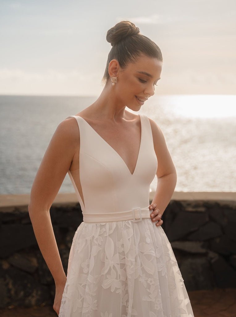 JUSTINE Floral organza skirt on a crepe V - neck bodice - Reflections Bridal Studio