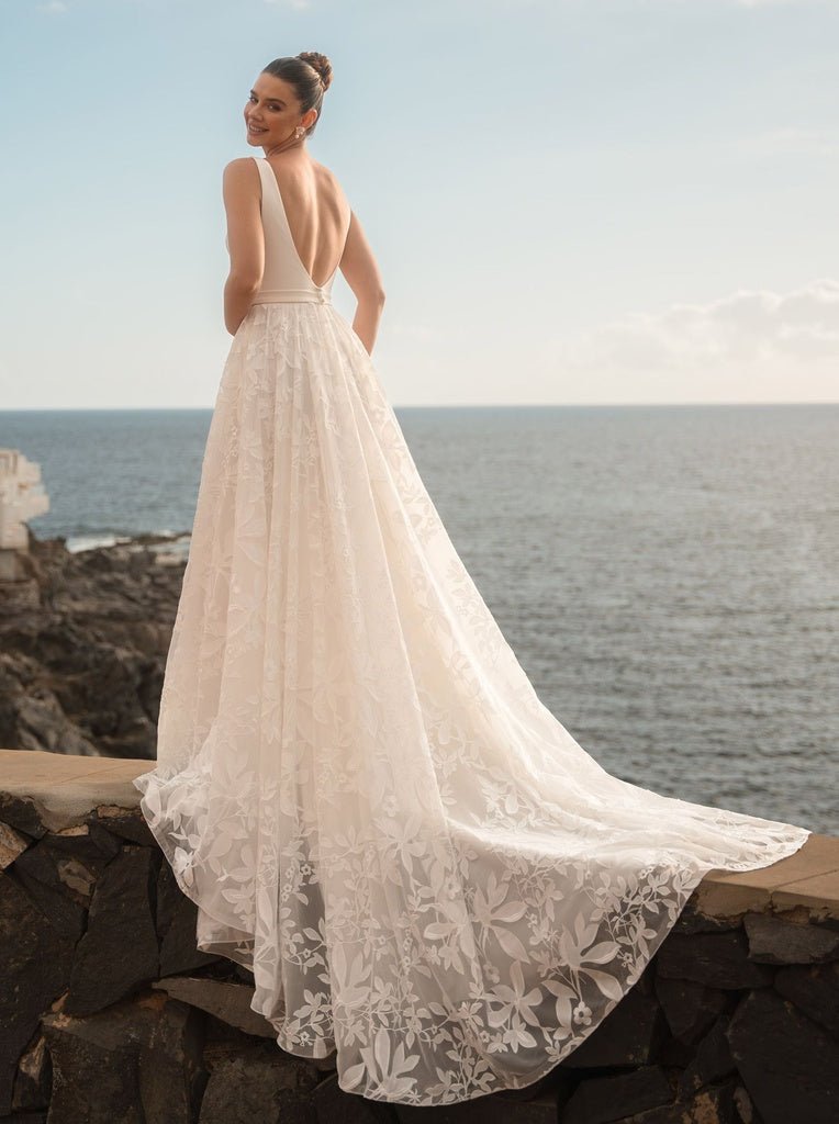 JUSTINE Floral organza skirt on a crepe V - neck bodice - Reflections Bridal Studio