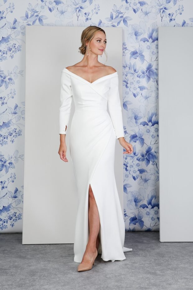 LARINA Jersey pleated bodice off - the - shoulder neckline - Reflections Bridal Studio