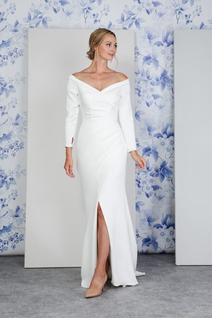 LARINA Jersey pleated bodice off - the - shoulder neckline - Reflections Bridal Studio