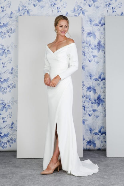 LARINA Jersey pleated bodice off - the - shoulder neckline - Reflections Bridal Studio