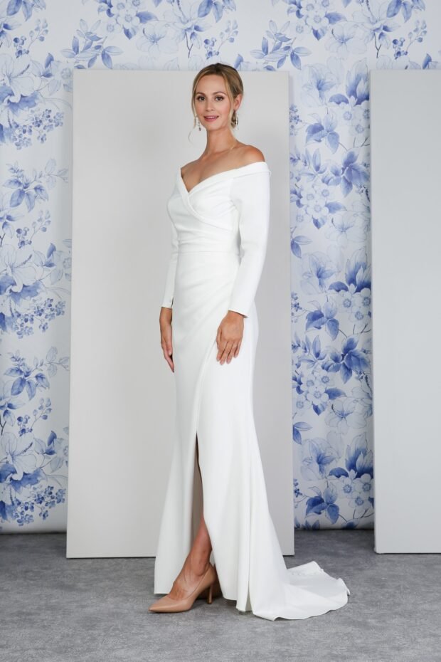 LARINA Jersey pleated bodice off - the - shoulder neckline - Reflections Bridal Studio