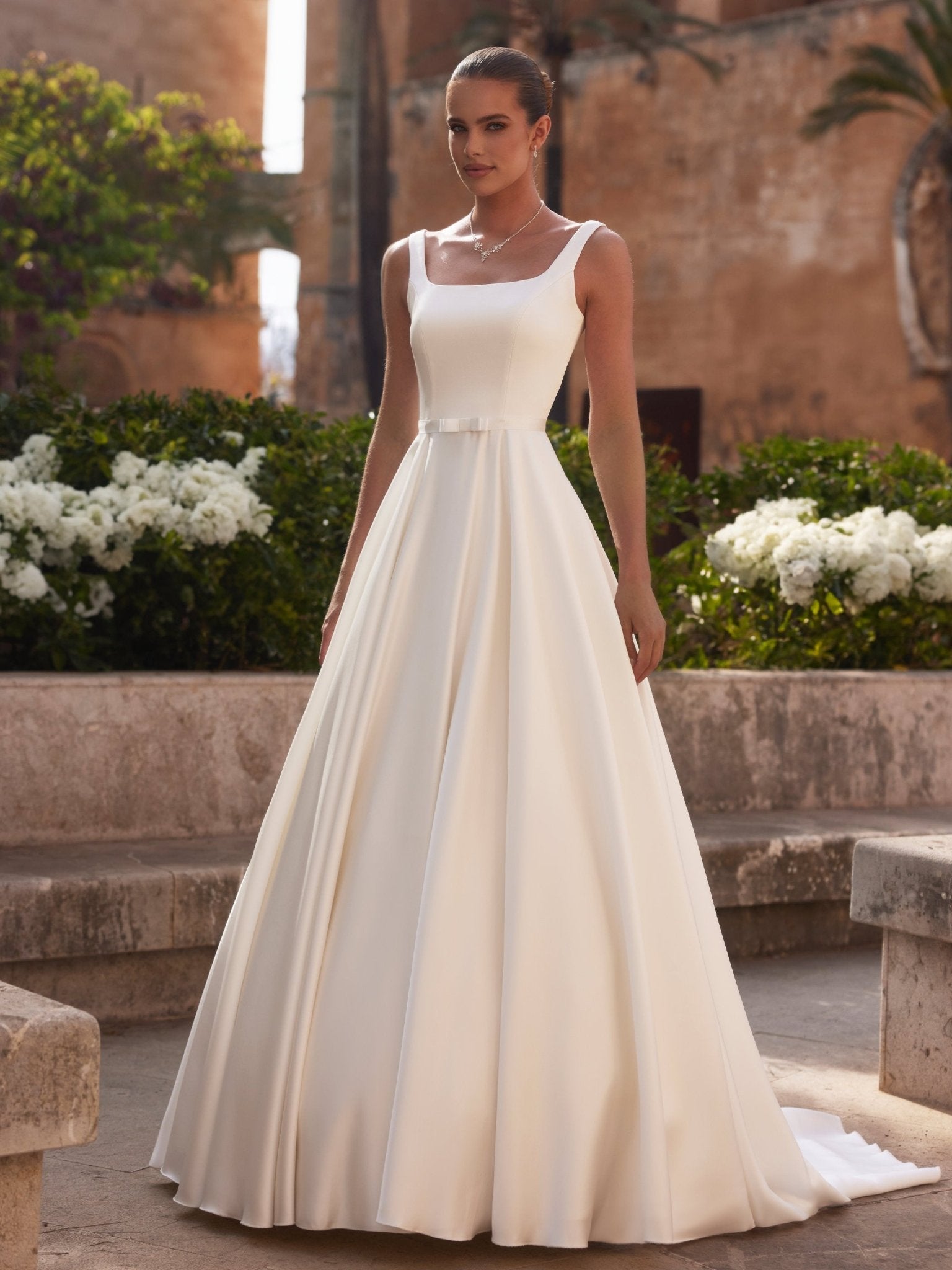 #LEVENTE Mikado A-line gown with pleated skirt