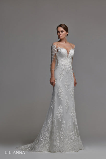 LILIANNA - Beaded lace slim A - line with long illusion sleeves - Reflections Bridal Studio