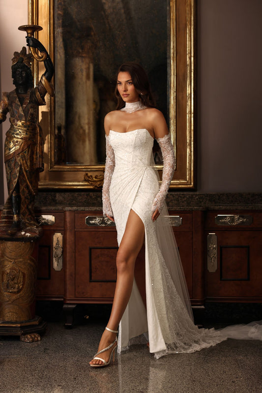 LILITH Assymetric draping on a sculpted corset gown - Reflections Bridal Studio
