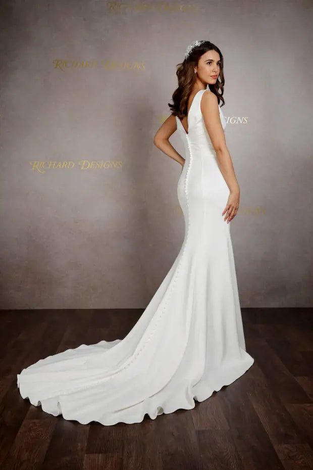 LIVVY fit and flare crepe and satin buttons down train - Reflections Bridal Studio