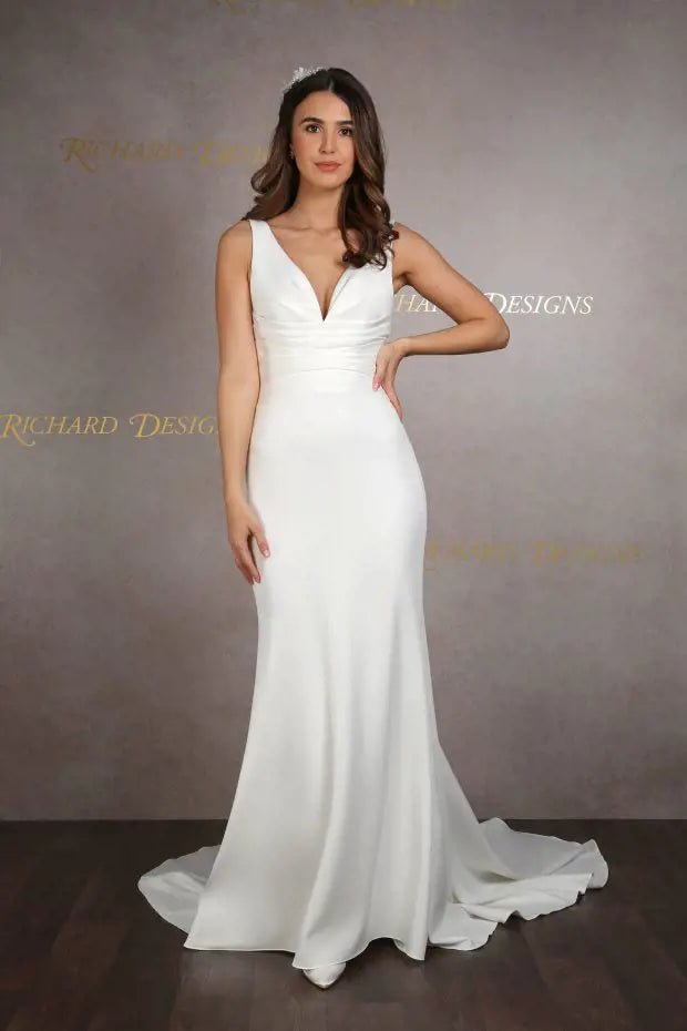 LIVVY fit and flare crepe and satin buttons down train - Reflections Bridal Studio