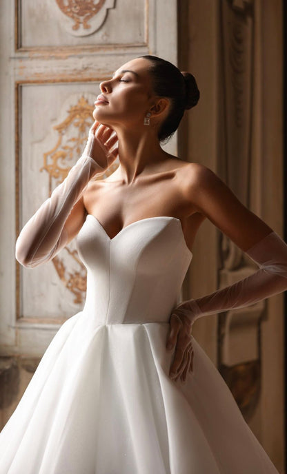 LUCIANNA Crystal tulle in a pleated A - line with detachable shawl - Reflections Bridal Studio
