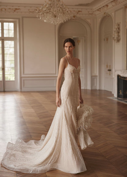 MATTIE Beaded gown in pearls and crystal. Optional feather jacket - Reflections Bridal Studio
