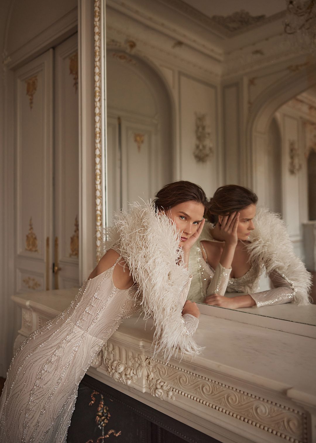 MATTIE Beaded gown in pearls and crystal. Optional feather jacket - Reflections Bridal Studio