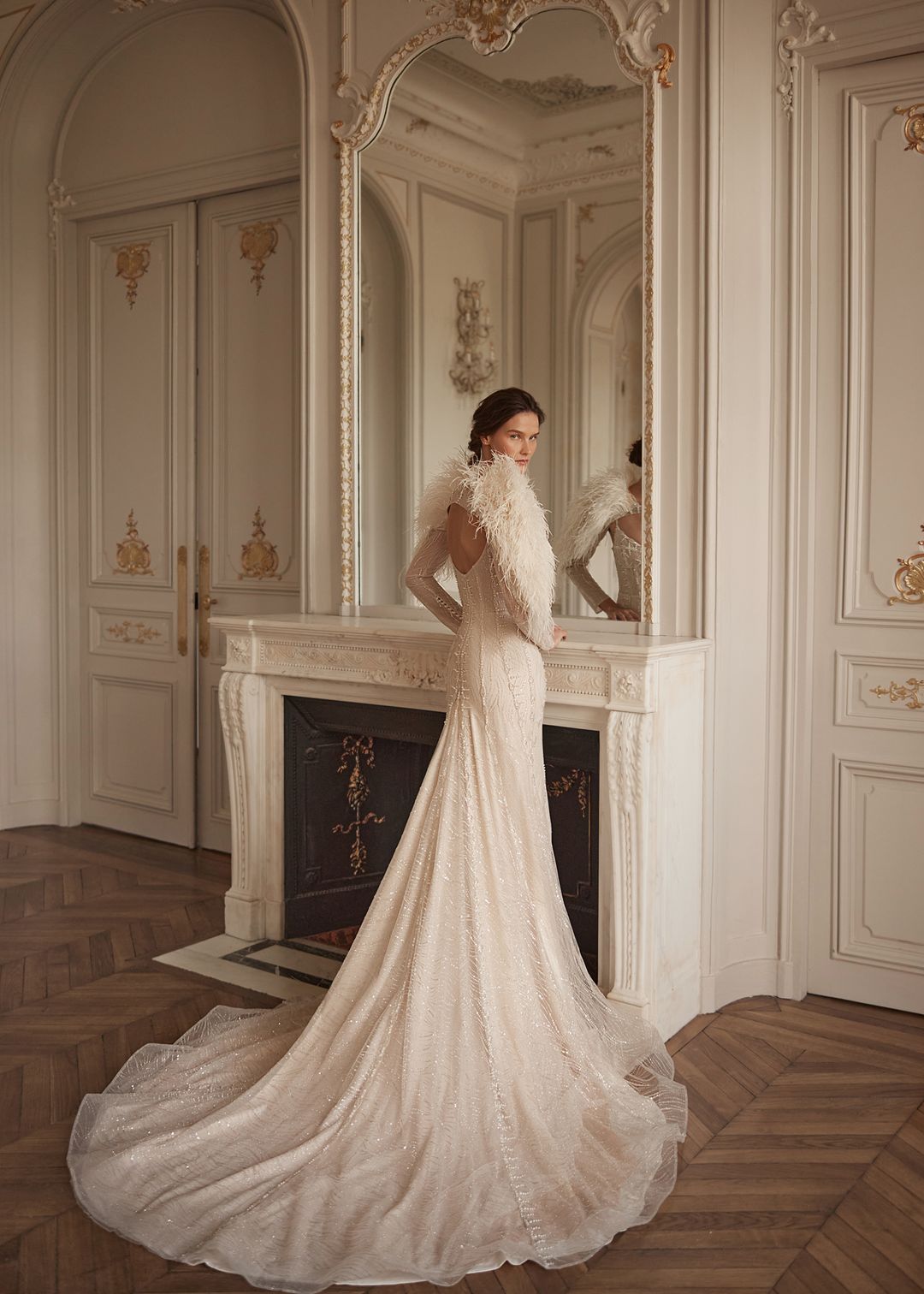 MATTIE Beaded gown in pearls and crystal. Optional feather jacket - Reflections Bridal Studio