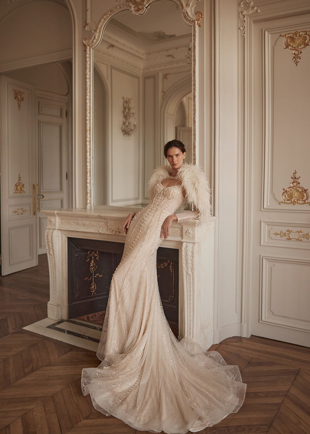 MATTIE Beaded gown in pearls and crystal. Optional feather jacket - Reflections Bridal Studio