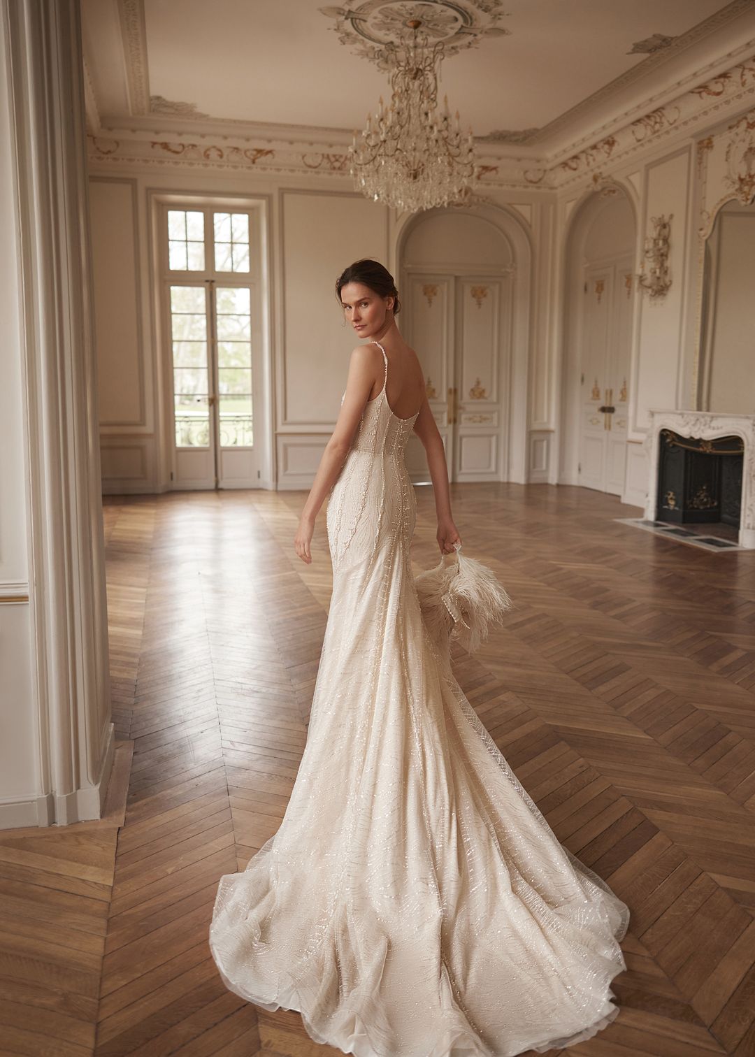 MATTIE Beaded gown in pearls and crystal. Optional feather jacket - Reflections Bridal Studio