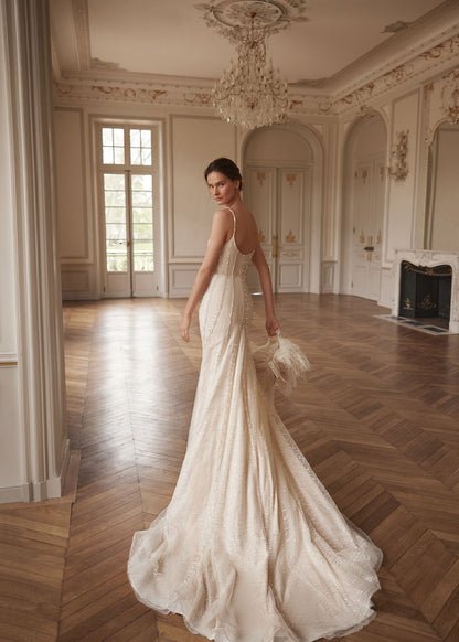 MATTIE Beaded gown in pearls and crystal. Optional feather jacket - Reflections Bridal Studio