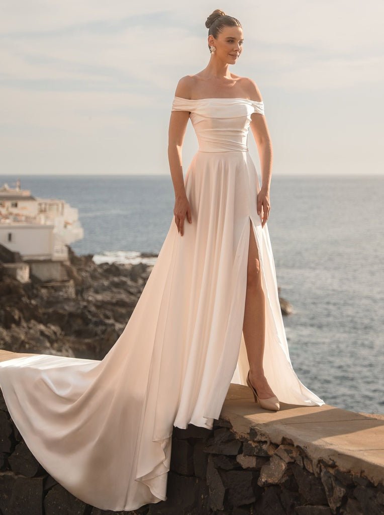 #MELODY Soft satin A-line gown with bardot neckline - Reflections Bridal Studio