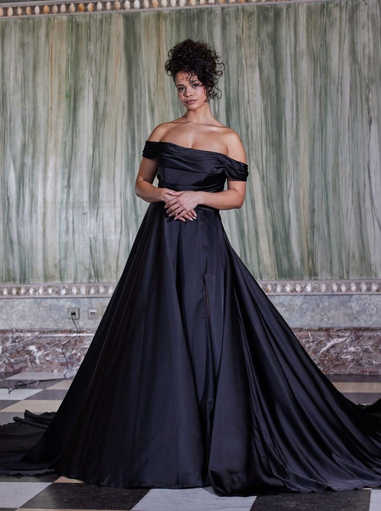 #MELODY Soft satin A-line gown with bardot neckline - Reflections Bridal Studio