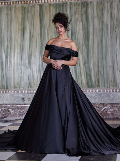 #MELODY Soft satin A-line gown with bardot neckline - Reflections Bridal Studio