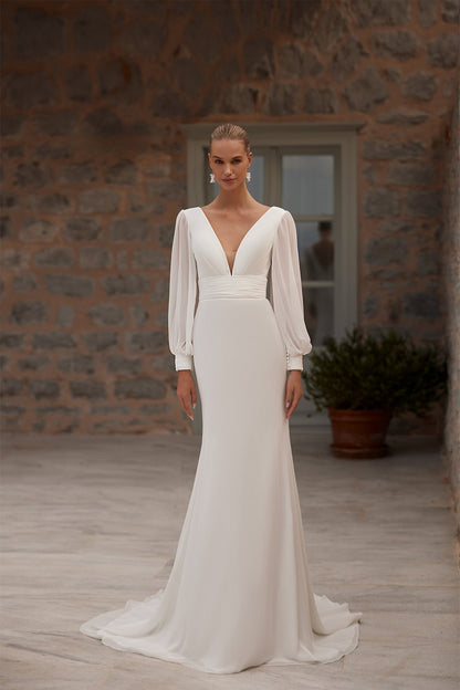 MELORY Chiffon fit and flare long sleeves - Reflections Bridal Studio