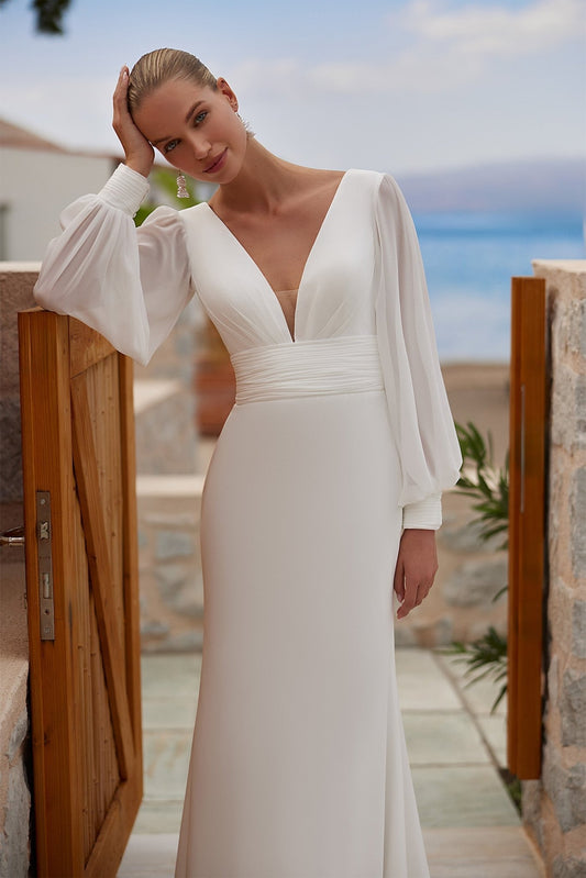 MELORY Chiffon fit and flare long sleeves - Reflections Bridal Studio