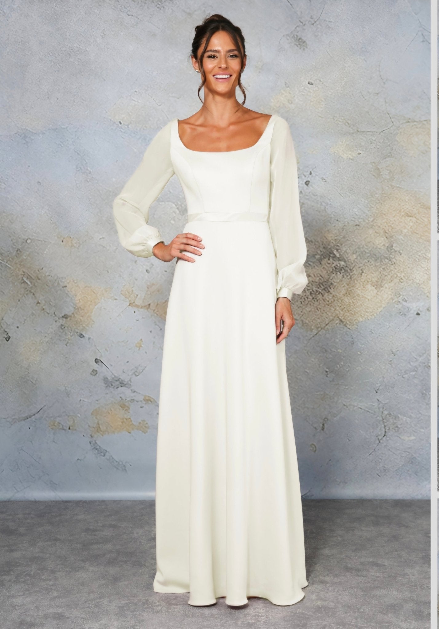 MERLYN Jersey A - line gown with long chiffon sleeves - Reflections Bridal Studio
