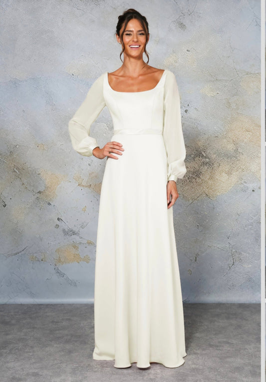 MERLYN Jersey A - line gown with long chiffon sleeves - Reflections Bridal Studio