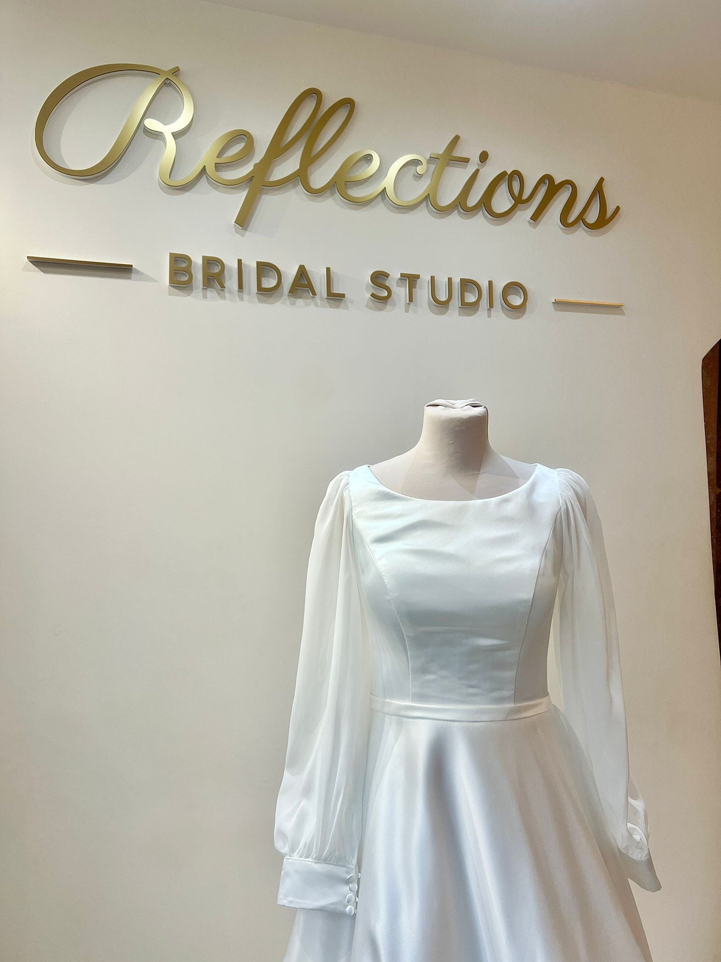 Monica Satin Petite gown with pleated satin skirt - Reflections Bridal Studio