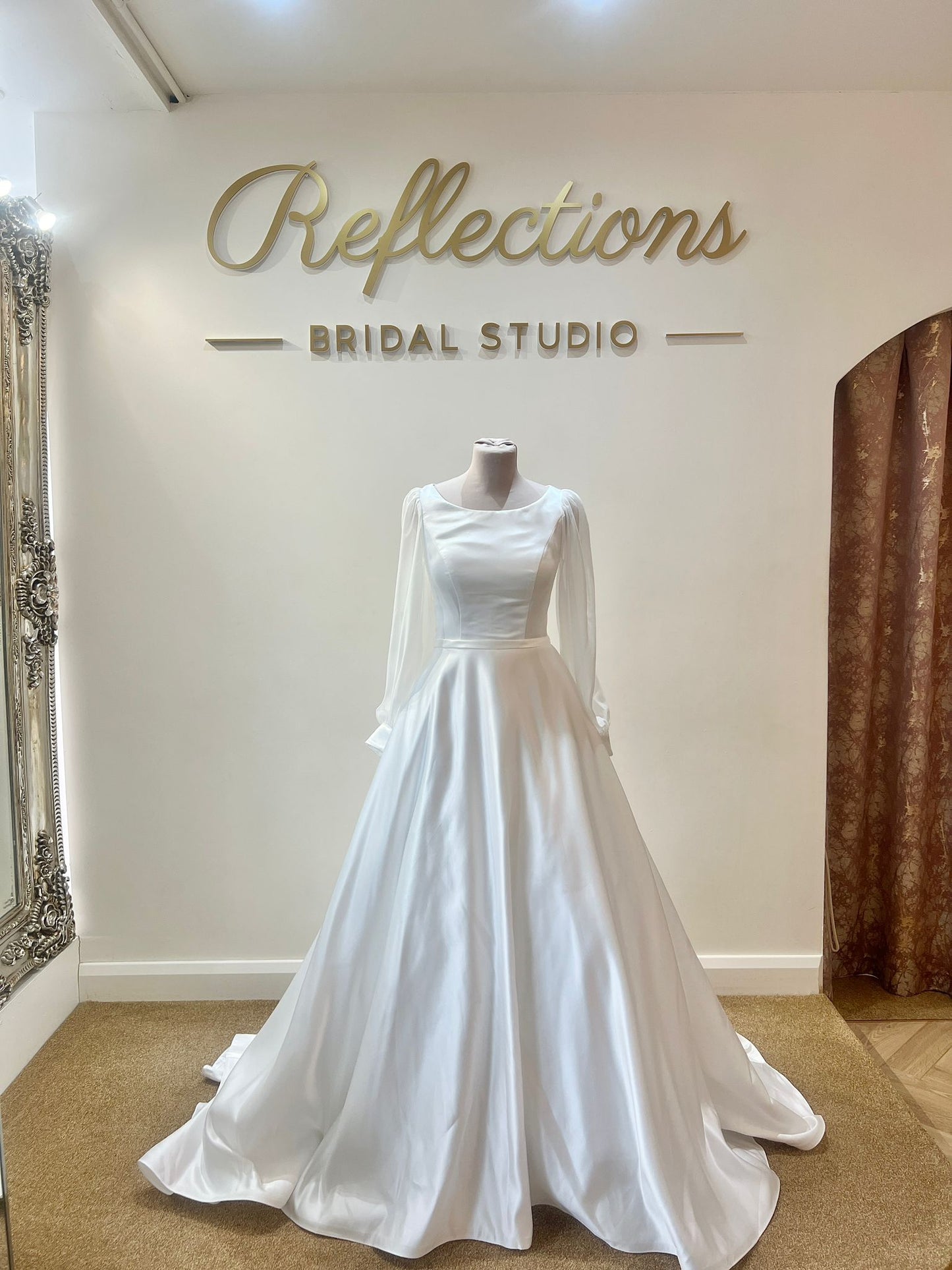 Monica Satin Petite gown with pleated satin skirt - Reflections Bridal Studio