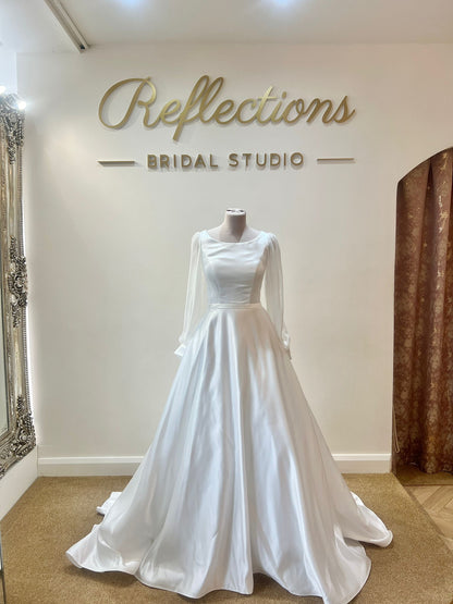 Monica Satin Petite gown with pleated satin skirt - Reflections Bridal Studio