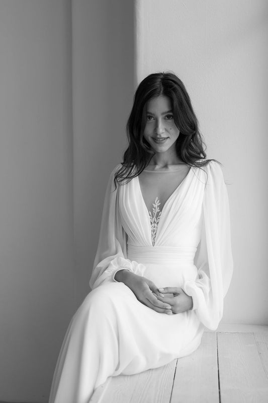 OBRA Chiffon wedding dress with lace details & pearl buttons - Reflections Bridal Studio