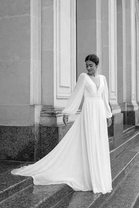 OBRA Chiffon wedding dress with lace details & pearl buttons - Reflections Bridal Studio
