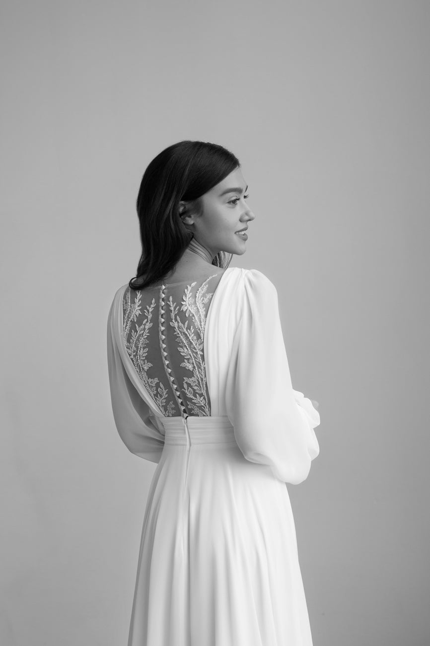 OBRA Chiffon wedding dress with lace details & pearl buttons - Reflections Bridal Studio