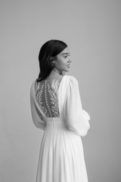 OBRA Chiffon wedding dress with lace details & pearl buttons - Reflections Bridal Studio