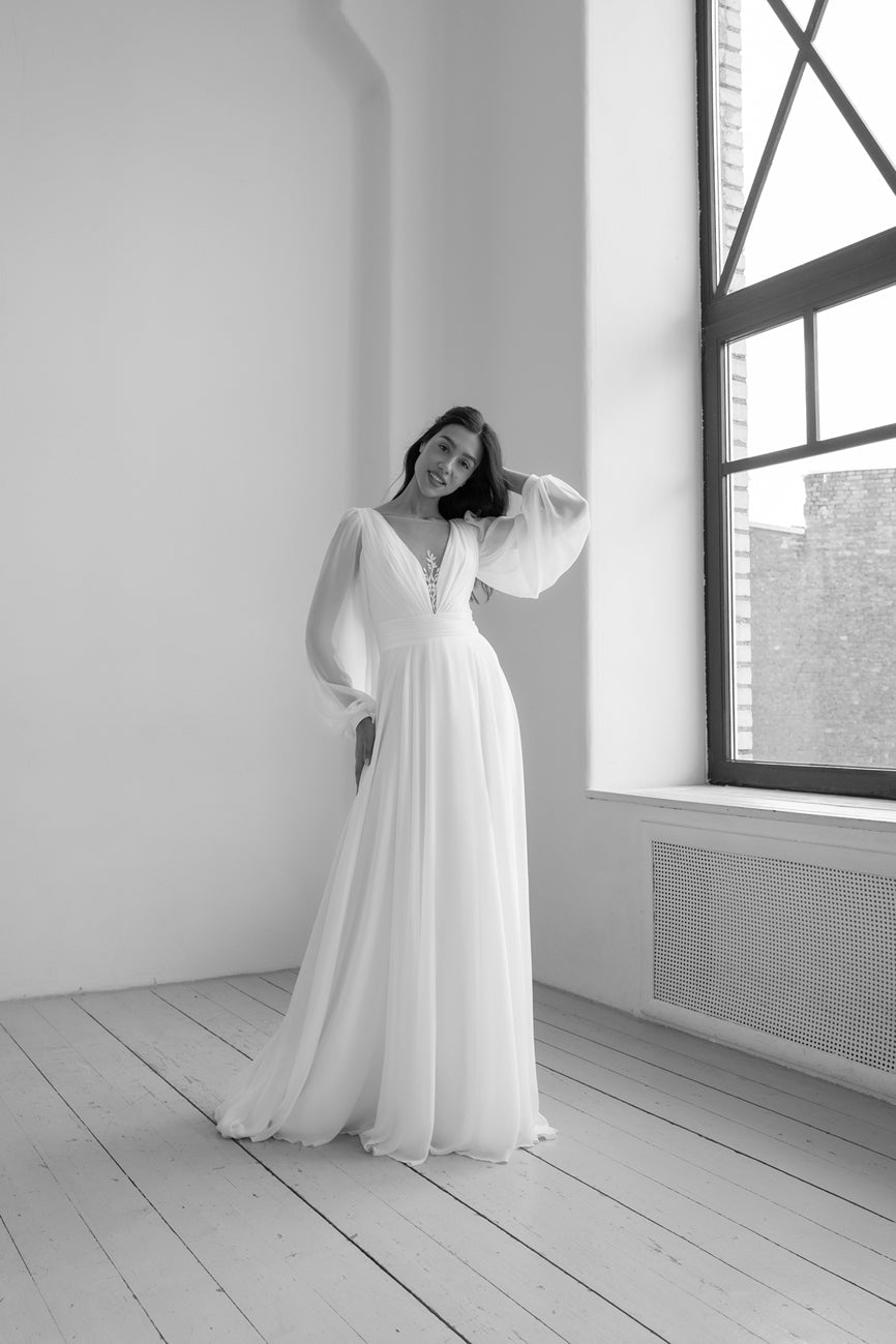 OBRA Chiffon wedding dress with lace details & pearl buttons - Reflections Bridal Studio