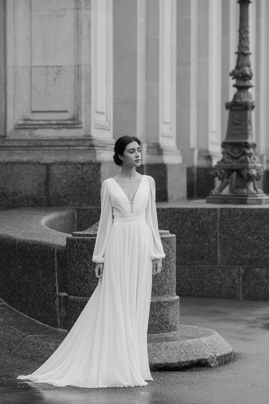 OBRA Chiffon wedding dress with lace details & pearl buttons - Reflections Bridal Studio