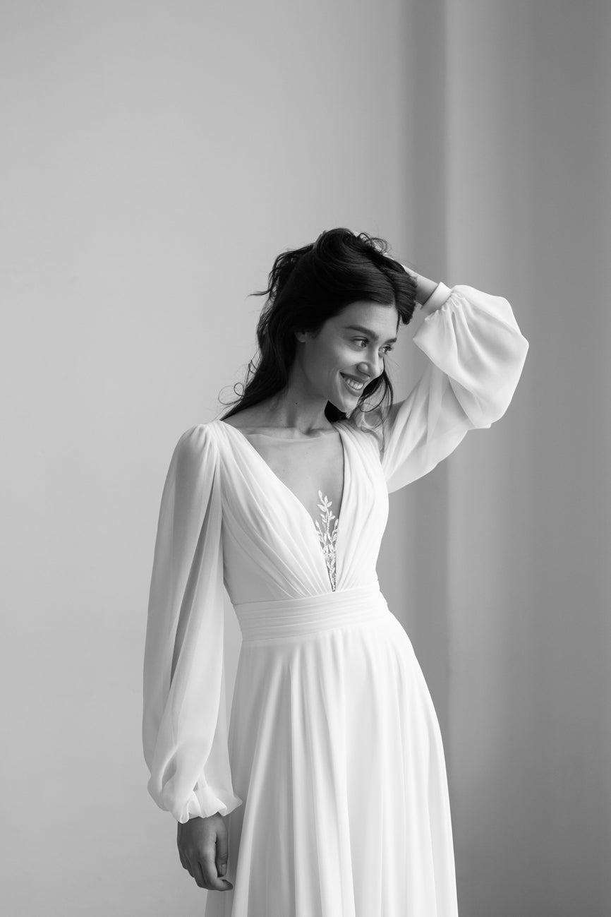 OBRA Chiffon wedding dress with lace details & pearl buttons - Reflections Bridal Studio