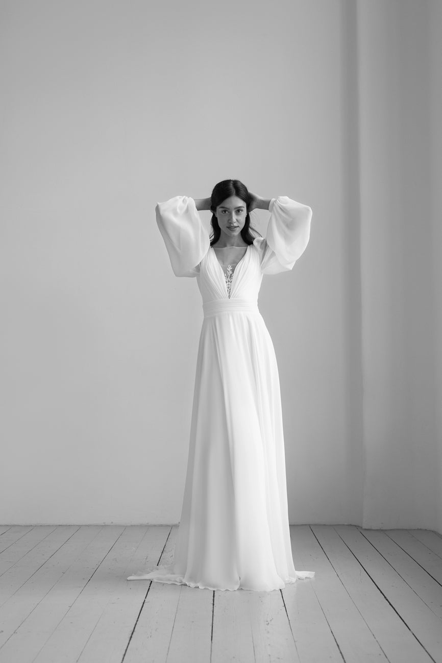 OBRA Chiffon wedding dress with lace details & pearl buttons - Reflections Bridal Studio