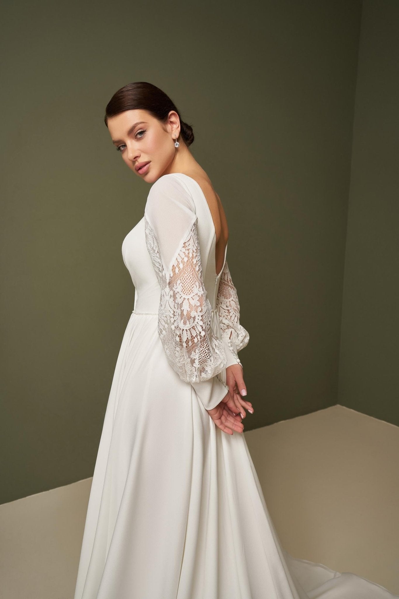 OLIVIYA Chiffon and lace long - sleeve A - line gown - Reflections Bridal Studio