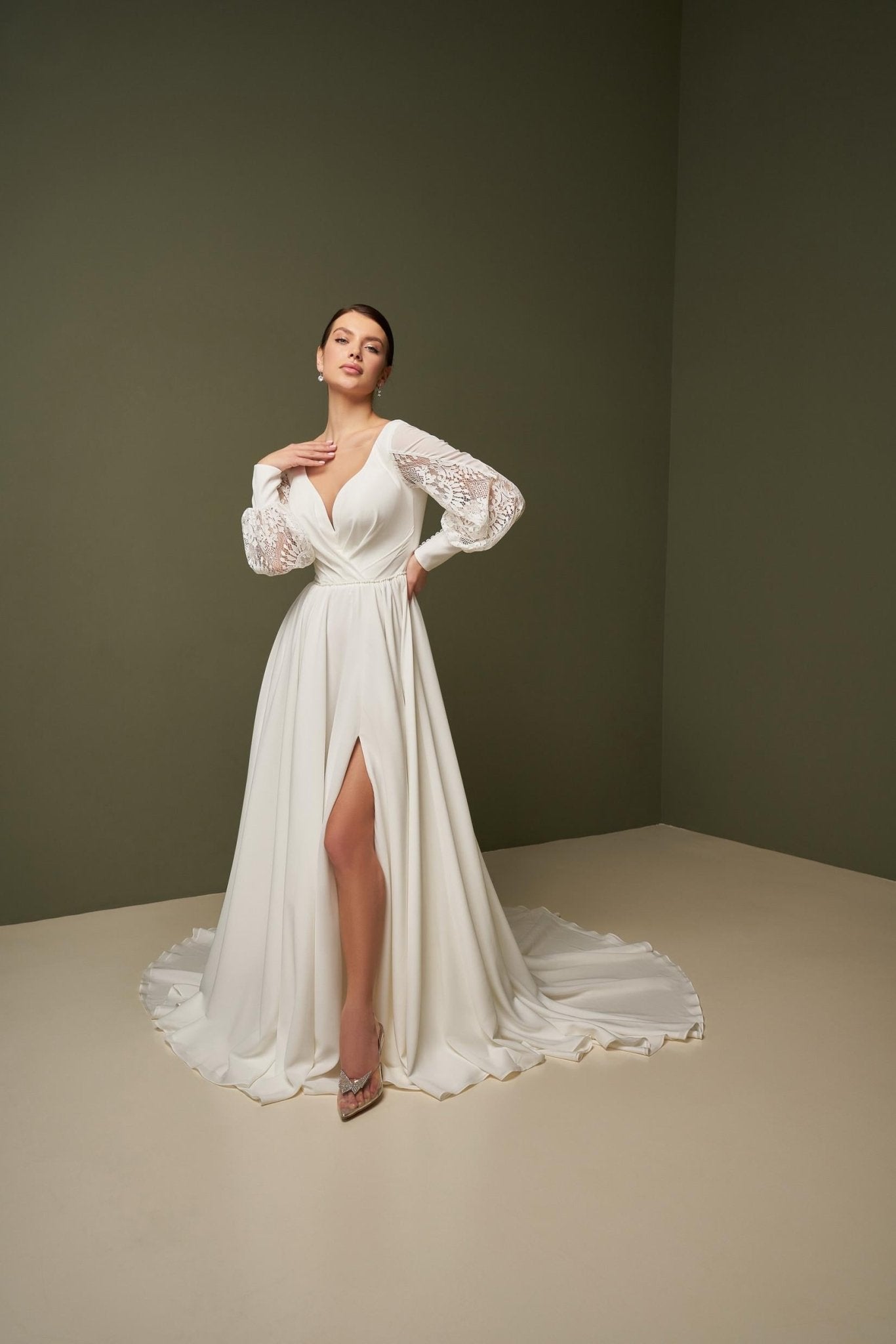 OLIVIYA Chiffon and lace long - sleeve A - line gown - Reflections Bridal Studio