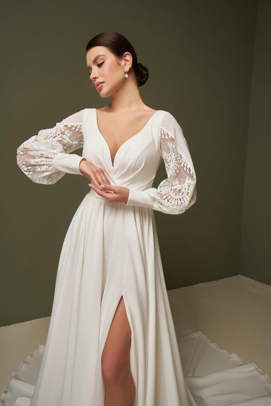 OLIVIYA Chiffon and lace long - sleeve A - line gown - Reflections Bridal Studio
