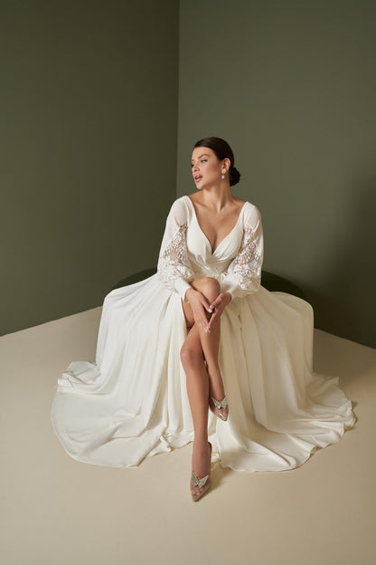 OLIVIYA Chiffon and lace long - sleeve A - line gown - Reflections Bridal Studio