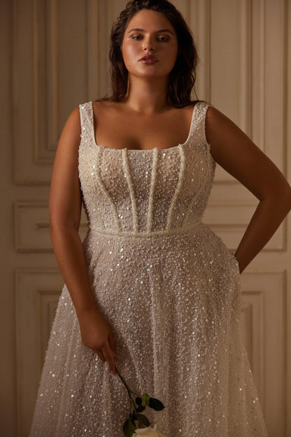 PHOENIX All over sparkle with square neckline and A - line skirt - Reflections Bridal Studio