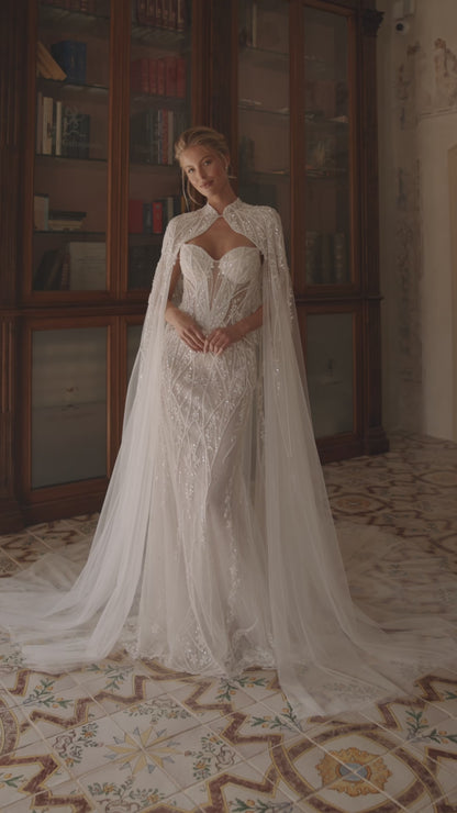 CITRINA - Beaded lace fit & flare with cape